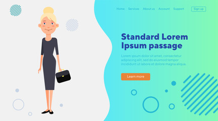 Stylish lady with briefcase flat vector illustration. Young businesswoman in black dress and with hairstyle. Lifestyle, business success concept for web design, banner or landing page