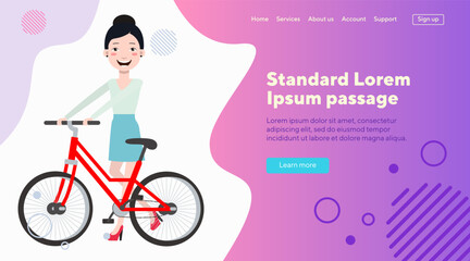 Young woman with bicycle flat vector illustartion. Happy Asian girl riding bike. Cycling, sport, transport concept for web design, banner or landing page