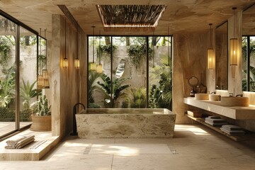 Luxurious modern bathroom with large tub and panoramic window overlooking pool and jungle