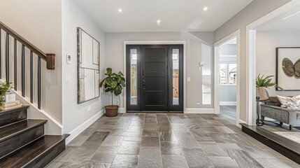 Contemporary home with minimal furnishings and decor light wood floor stairs white walls large windows with black frames and simple style.