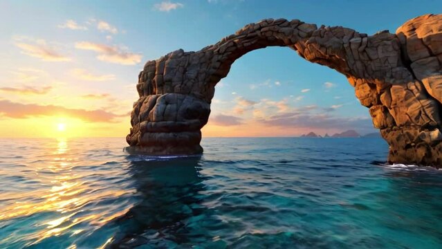 The stone arch stands majestically by the sea, adorned with shades of blue and turquoise. Generative AI