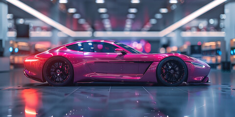 Futuristic Electric Sports Car in Showroom: Sleek Pink-Violet Chassis & Super Factory Backdrop