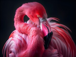 the elegance of a pink flamingo, the vibrant hues of the feathers, basic background, Regal and peaceful bird standing