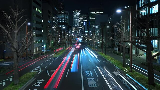 Time lapse movie of modern city and trains twilight view. Nagoya, Japan.