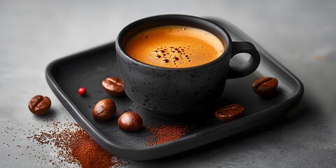 tasty coffee crema espresso in black cup, eye-level shot, white minimalistic background - obrazy, fototapety, plakaty