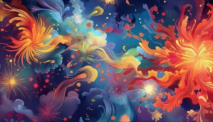 Artistic waterpaint firework colorful illustration on dark background сreative dispersion design with a excitement burst of energy