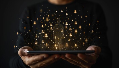 Businessman using tablet with database analysis and customer support.