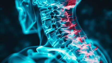 X - ray film of the spine reveals cervical spondylosis, a degenerative disc disease. The patient has phone addiction and experiences neck pain, numbness, and weakness. Focus on the area of discomfort - obrazy, fototapety, plakaty