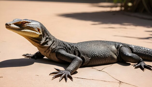 A Monitor Lizard With Its Body Stretched Out Bask