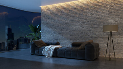 Large luxury modern bright interiors Living room mockup illustration 3D rendering image - 784529636