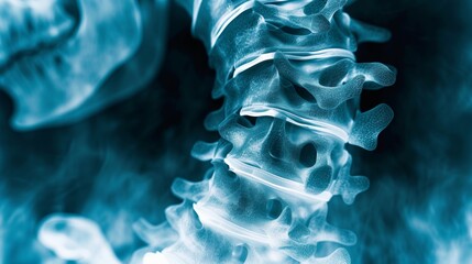 X - ray film of the spine reveals cervical spondylosis, a degenerative disc disease. The patient has phone addiction and experiences neck pain, numbness, and weakness. Focus on the area of discomfort - obrazy, fototapety, plakaty