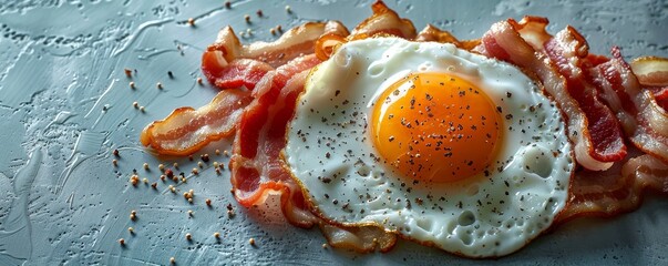 Close-up on symbolic breakfast items like an egg and bacon made from simple lines, ample text space - obrazy, fototapety, plakaty
