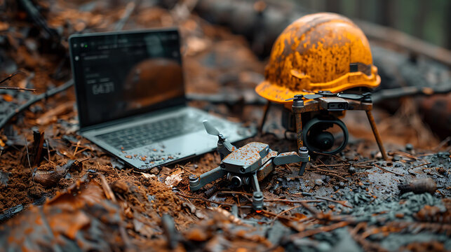 computer circuit board with drone and contruction working halmet