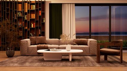 Large luxury modern bright interiors Living room mockup illustration 3D rendering image - 784530029