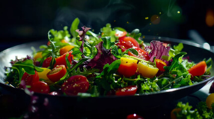 A bowl of salad with a variety of vegetables including tomatoes, lettuce