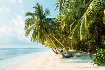 Sunny beach in the Maldives. Palm trees, white sand, ocean. Landscape view from the shore.