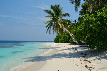 Sunny beach in the Maldives. Palm trees, white sand, ocean. Landscape view from the shore.