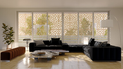 Large luxury modern bright interiors Living room mockup illustration 3D rendering image - 784530429