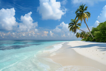 Fototapeta premium Sunny beach in the Maldives. Palm trees, white sand, ocean. Landscape view from the shore.