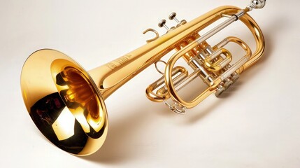 Obraz premium Golden brass cornet with intricate tubing and valves, presented on a light background for advertising musical instruments.