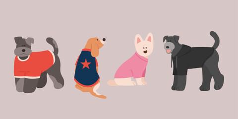 illustration 4 dogs wearing clothes