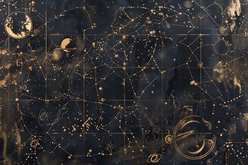 Starry Celestial Map with Zodiac Signs - obrazy, fototapety, plakaty