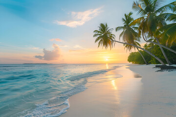 Beach in the Maldives at sunset. Palm trees, sand, sea. Landscape view from the shore.