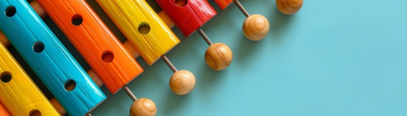 Minimalist depiction of children's toy instruments like a xylophone and a kazoo on a gentle colored background, isolated for text - obrazy, fototapety, plakaty