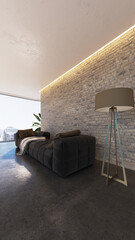 Large luxury modern bright interiors vertical Living room mockup illustration 3D rendering image - 784531037