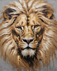 Panel home wall art, oil painting of golden lion on neutral background, soft palette knife strokes in neutral tones