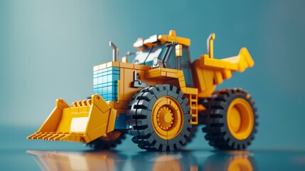 Model a cute, compact modern mining front loader in action, bright colors, minimalist style in 3D Blender, isolated background, space for texts - obrazy, fototapety, plakaty