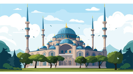 This is Mihrimah Mosque in ISTANBUL 2d flat cartoon - obrazy, fototapety, plakaty