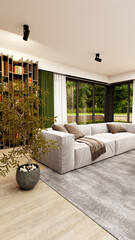 Large luxury modern bright interiors vertical Living room mockup illustration 3D rendering image - 784531283
