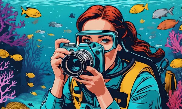 wallpaper representing an underwater swimmer photographing the ocean floor and its marine fauna