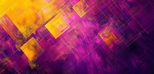  Luminous yellow squares morphing into deep purple on a trippy geometric background,