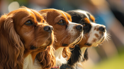 Trio of spaniels is captured in a moment of focused attention, their expressive eyes telling a story. - obrazy, fototapety, plakaty