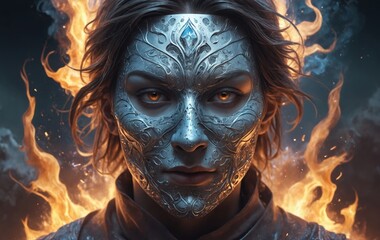 A fictional character with a mask surrounded by fire in an electric blue setting