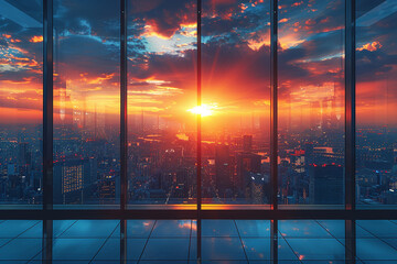 Teal and Orange Sunset Business Skyline: Realistic Architectural Masterpiece Background