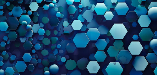 **: Mesmerizing vector composition featuring intersecting navy blue hexagons and vibrant turquoise circles.