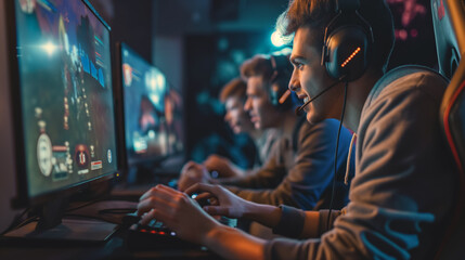 Young gamers wearing headsets, competing in an esports tournament with vibrant screens in front.