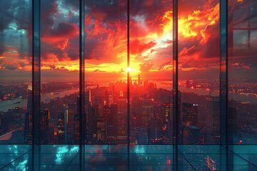 Enchanting Teal and Orange Business District Sunset: Realistic Glass Skyscraper Reflections