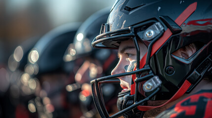 Fototapeta premium Young football player in a helmet, his eyes reflecting concentration and readiness for the game.