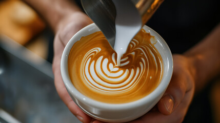 Art of coffee making is displayed as a barista skillfully pours steamed milk into a cup, creating a perfect latte art swirl.