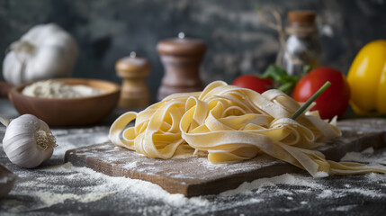 Fresh fettuccine pasta draped over a wooden board, with the flour-dusted surface enhancing its handmade quality.
