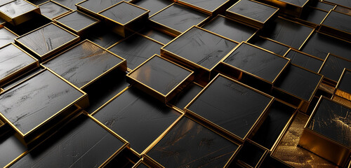 **: Abstract golden squares arranged in a captivating geometric design on a sleek black tileable...