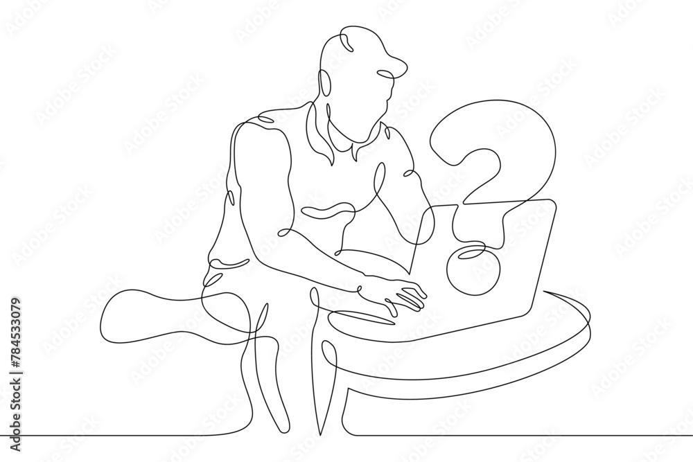 Poster one continuous line.man is sitting at a laptop. search for an answer to a question on the internet. 