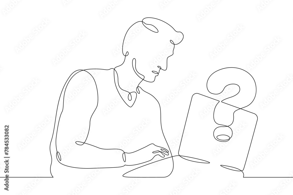 Poster one continuous line.man is sitting at a laptop. search for an answer to a question on the internet. 
