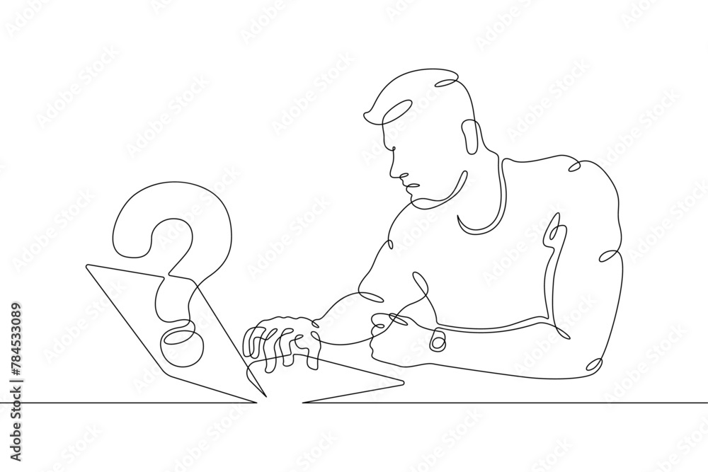 Poster one continuous line.man is sitting at a laptop. search for an answer to a question on the internet. 