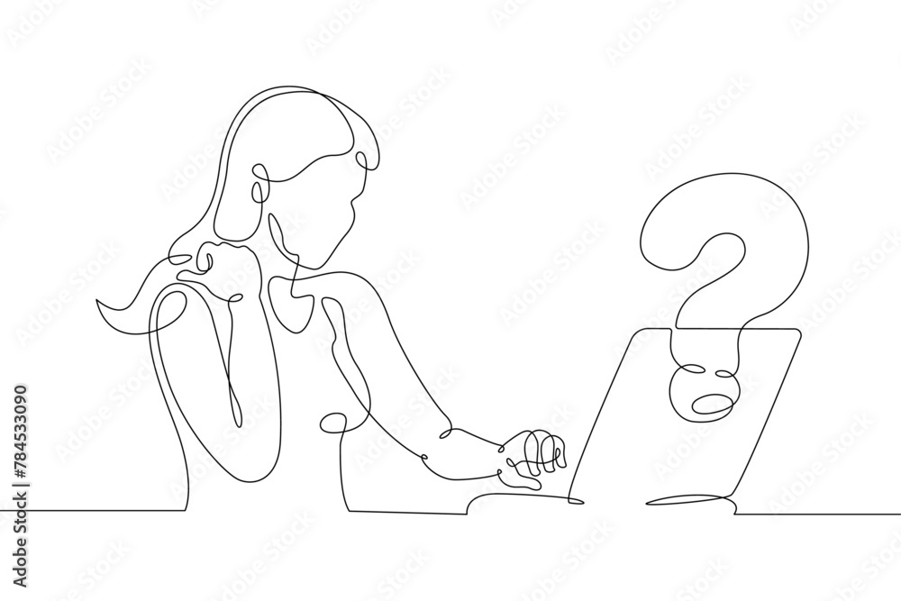 Poster one continuous line.woman is sitting at a laptop. search for an answer to a question on the internet