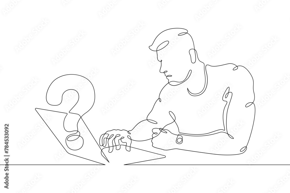Poster one continuous line.man is sitting at a laptop. search for an answer to a question on the internet. 